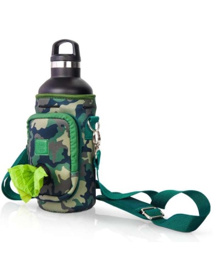 Camo Dark Green - Made Easy Kit Water Bottle Carrier w/Pocket for Dog Poop Bag - 32oz Large