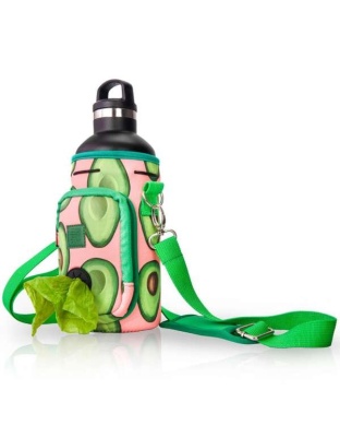 Green Pink Avocado - Made Easy Kit Water Bottle Carrier w/Pocket for Dog Poop Bag - 32oz Large