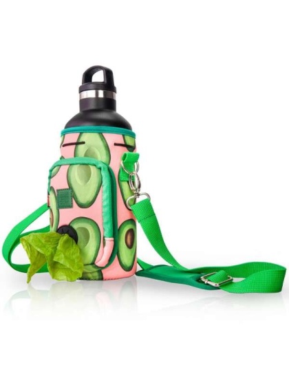 Green Pink Avocado - Made Easy Kit Water Bottle Carrier w/Pocket for Dog Poop Bag - 32oz Large