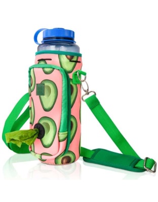 Green Pink Avocado - Made Easy Kit Water Bottle Carrier w/Pocket for Dog Poop Bag - 40oz Tall & Large