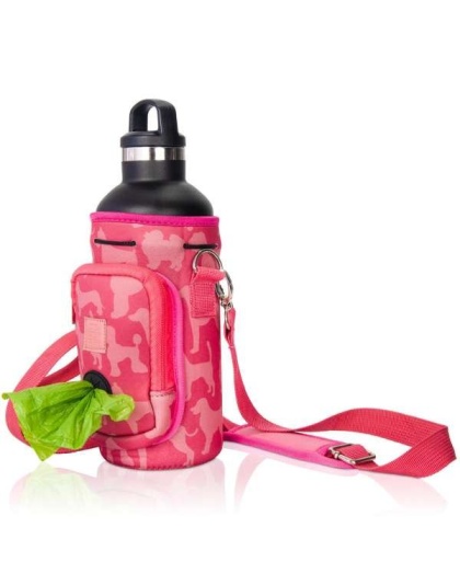Pink Dog Silhouettes - Made Easy Kit Water Bottle Carrier w/Pocket for Dog Poop Bag - 32oz Large