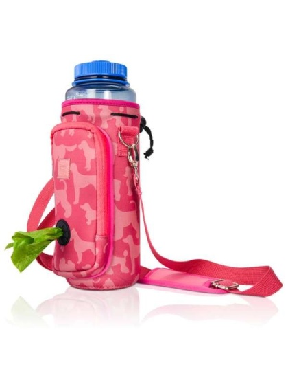 Pink Dog Silhouettes - Made Easy Kit Water Bottle Carrier w/Pocket for Dog Poop Bag - 40oz Tall & Large