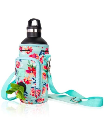 Teal Floral - Made Easy Kit Water Bottle Carrier w/Pocket for Dog Poop Bag - 32oz Large