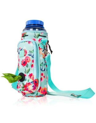 Teal Floral - Made Easy Kit Water Bottle Carrier w/Pocket for Dog Poop Bag - 40oz Tall & Large