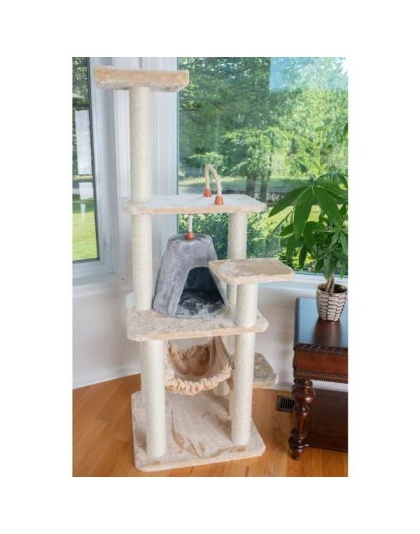 Real Wood 65" Cat Tree With Hammock, Playhouse A6501