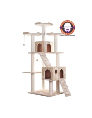 Beige - Real Wood 74" Multi-Level Cat Tree Large Cat Play Furniture