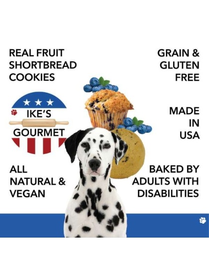 Ike's Gourmet Blueberry Muffin Dog Treat Cookies - Real Fruit Shortbread Cookies Vegan and All-Natural Grain and Gluten Free Made in USA - 8 oz. Resealable & Reusable Standing Pouch with Interior Zipper