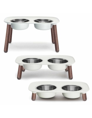 Grey Wood - Messy Mutts Adjustable Elevated Double Feeder with Stainless Bowls  - 6 Cups