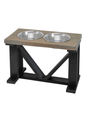 Farmhouse 2-Bowl Elevated Dog Feeder Grey Large, Black Base
