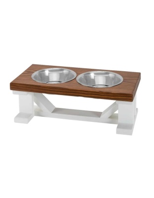 Farmhouse 2-Bowl Elevated Dog Feeder Chestnut Small, White Base