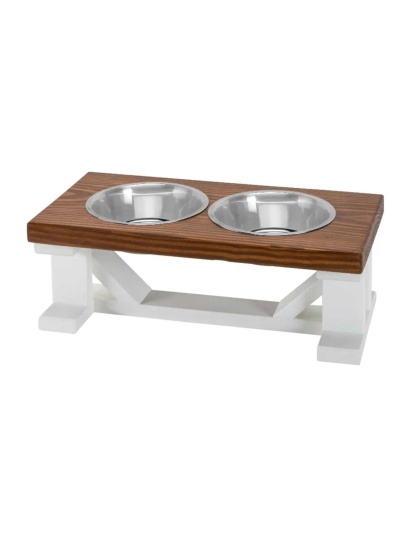 Farmhouse 2-Bowl Elevated Dog Feeder Chestnut Small, White Base