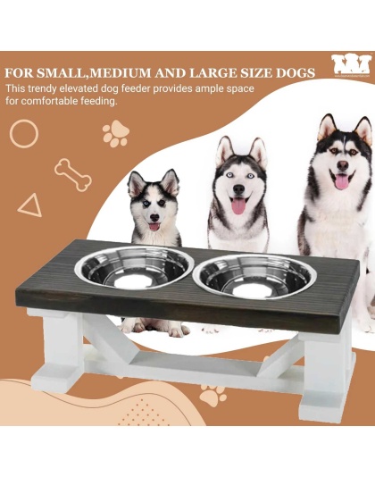 Farmhouse 2-Bowl Elevated Dog Feeder Chestnut Small, White Base