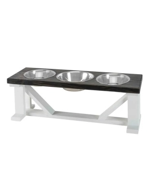 Farmhouse 3-Bowl Elevated Dog Feeder Ebony Medium, White Base
