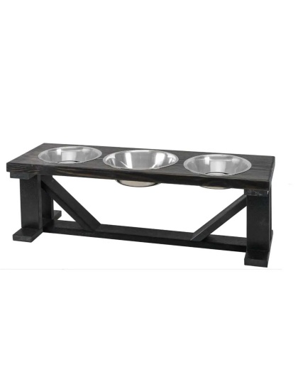 Farmhouse 3-Bowl Elevated Dog Feeder Ebony Small, Black Base