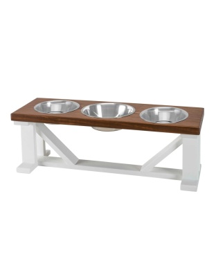Farmhouse 3-Bowl Elevated Dog Feeder Chestnut Large, White Base